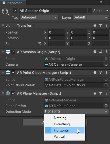 Add the AR Plane Manager to your AR Session Origin object in Unity.