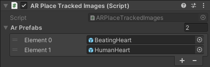 Assign the prefabs to the array of our new ARPlaceTrackedImages script.