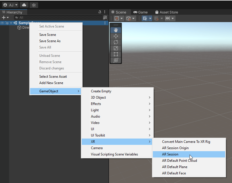 Add the AR Session and AR Session Origin GameObjects to your scene after removing the default camera.