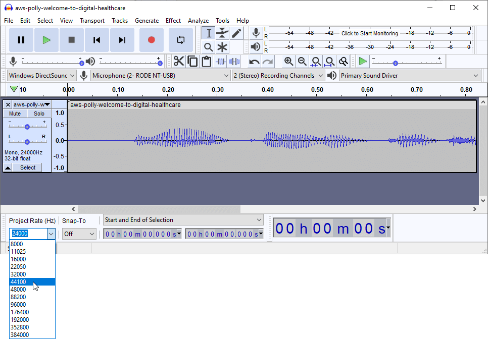 Set the Audacity Project Rate (Hz) to 44100.