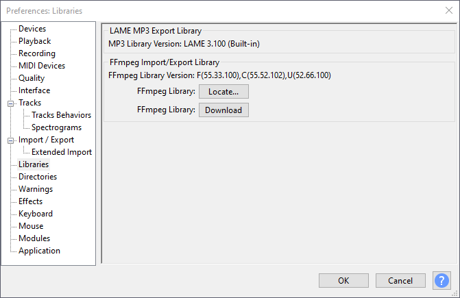 Download and install a pre-compiled version of FFmpeg through the Audacity settings.