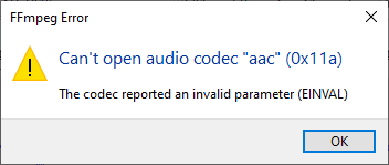 Error dialog in Audacity: FFmpeg Error - Can't open audio codec "aac" (0x11a)