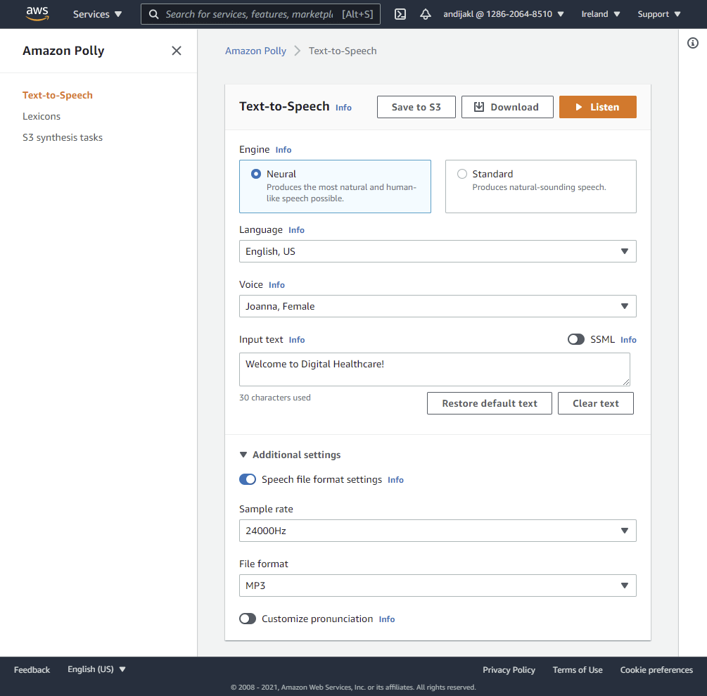 Configure Amazon Polly with a good file format (e.g., mp3), enter the text and choose a neural speech engine. Make sure the AWS region and language support neural voices!