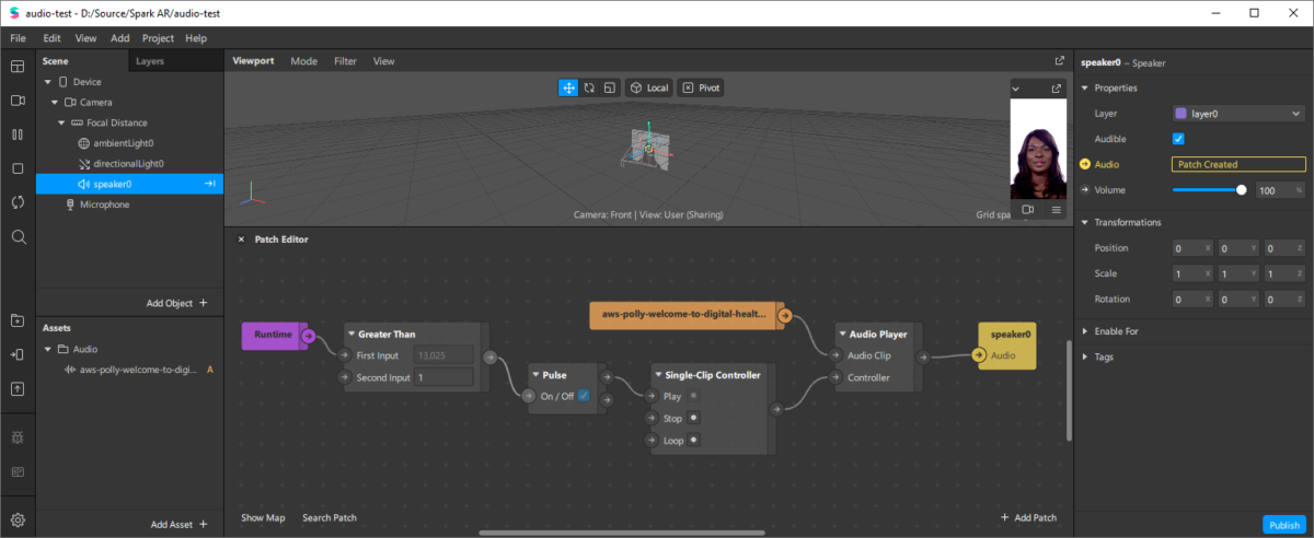 Finished Spark AR project playing a sound file upon its start. The artificial speech was generated using the Amazon Polly text-to-speech neural voice engine.