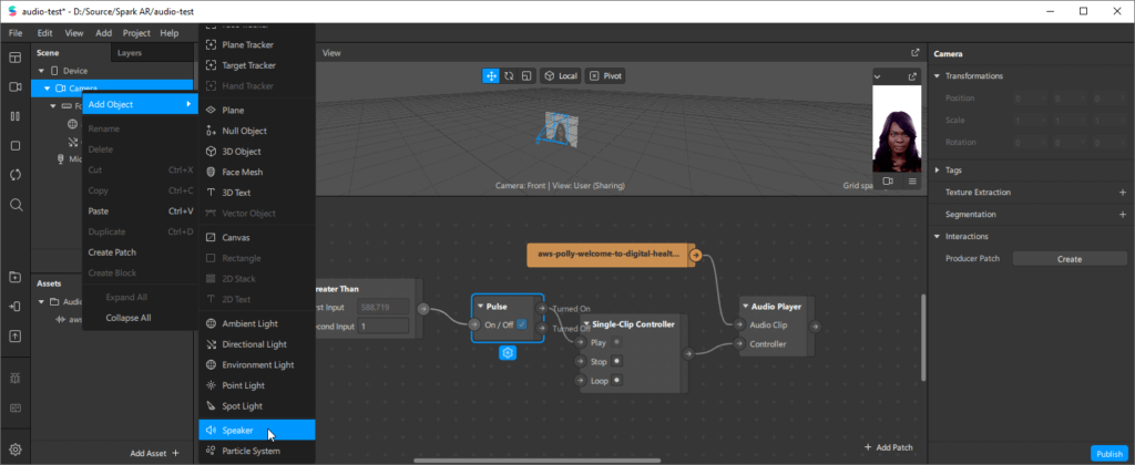 Spark AR screenshot: add a speaker to the scene.