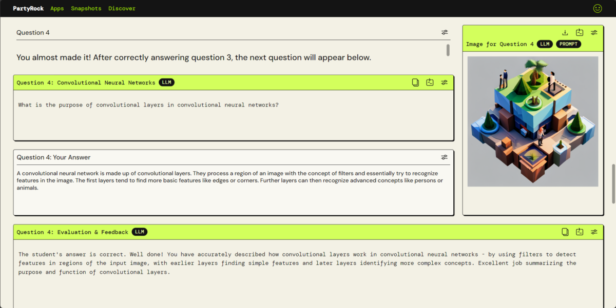 A question of AIxplainer with the student's answer and an evaluation and illustration generated by the LLM.