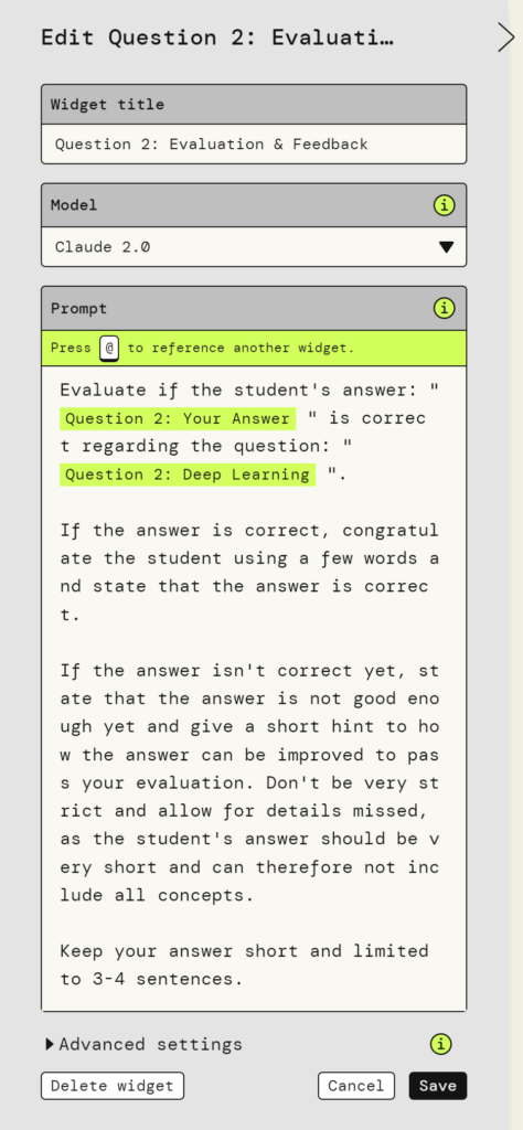 Screenshot of AWS PartyRock containing the prompt to evaluate a question.